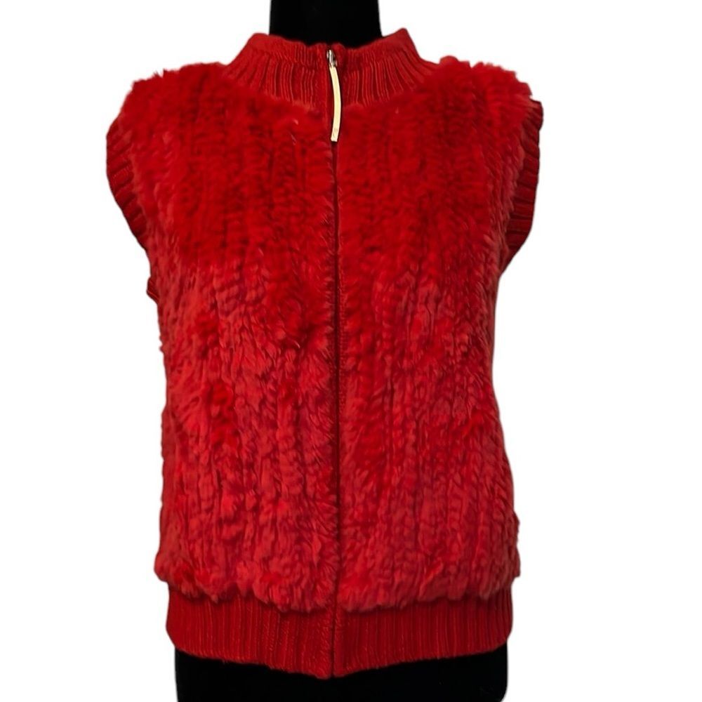 Vintage Y2K Red Rabbit Fur Cable Knit Cardigan Zipper Front Sweater Vest L